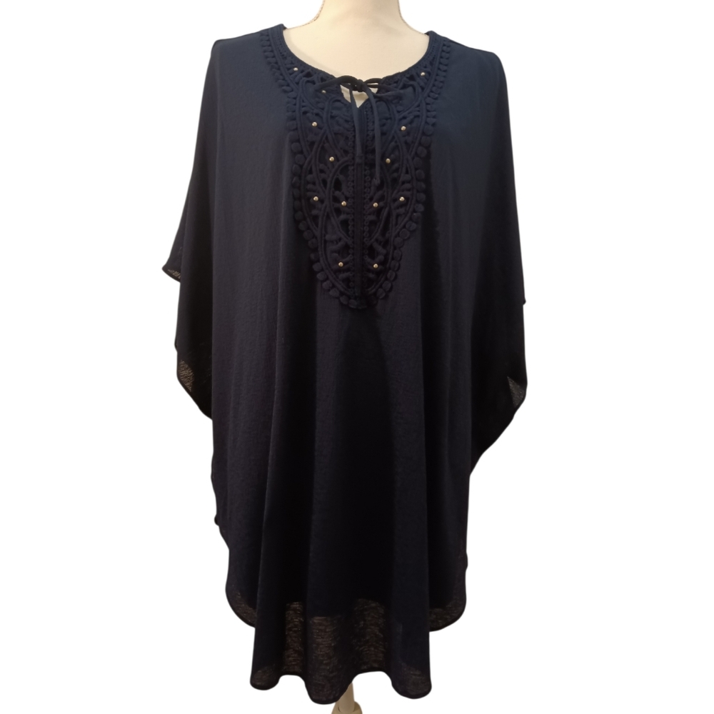Catherines Plus Size Blue Scoop neck Batwing Sleeve embroidered Blouse 2x